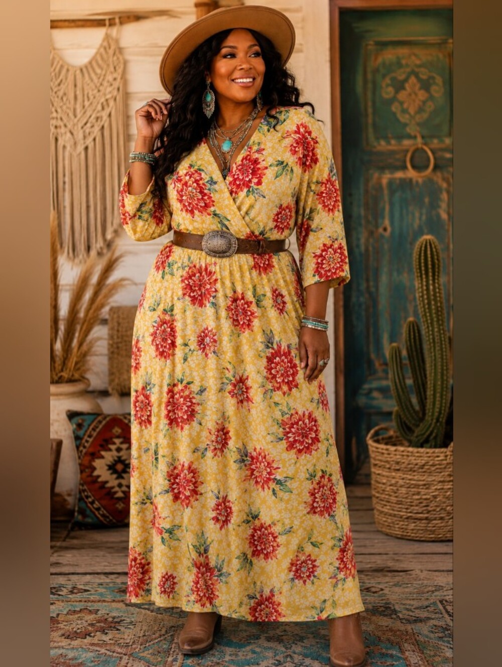 New Look Yellow Maxi Dress with Red Floral Print Size 2X